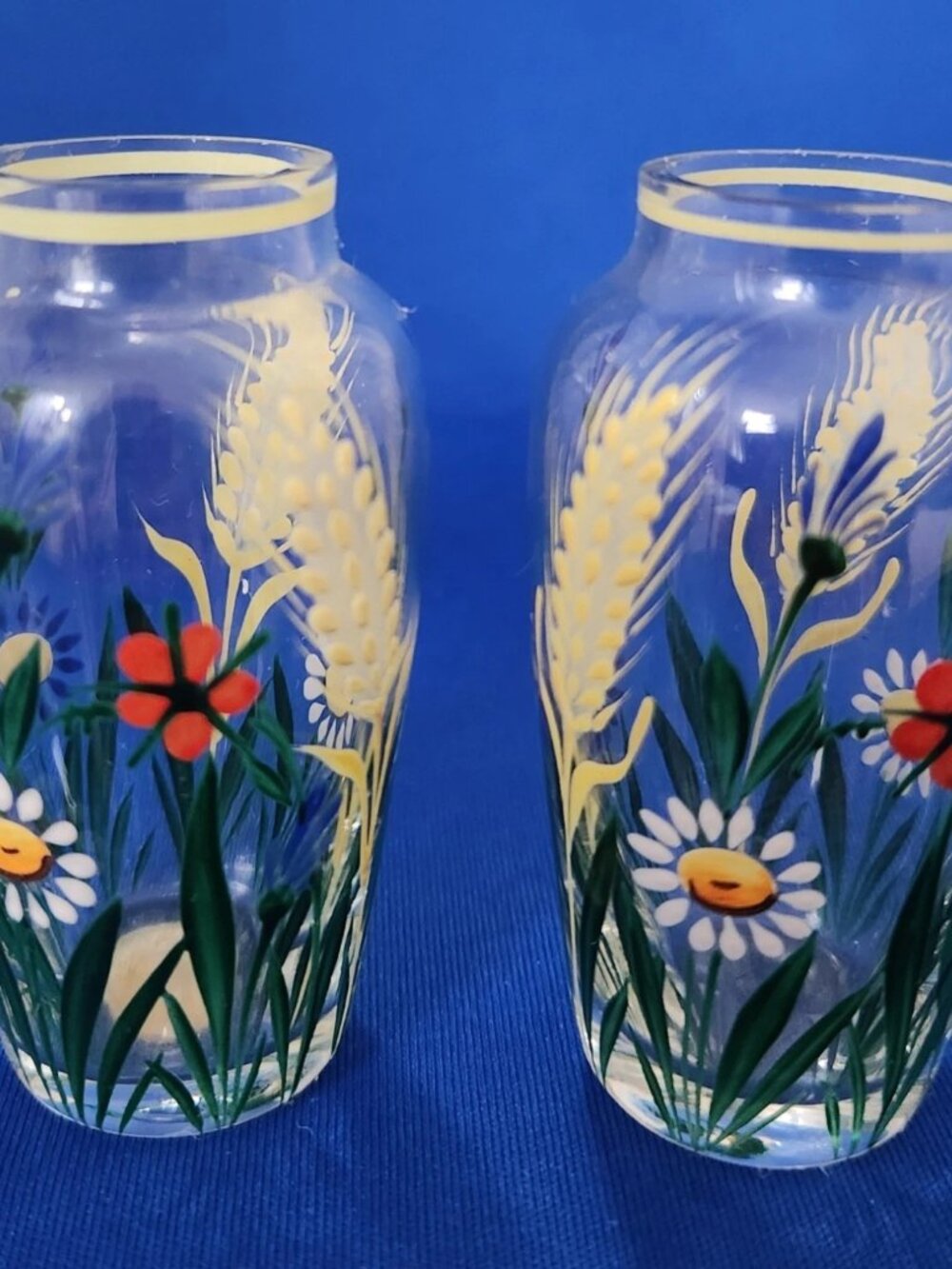 2 Bohemian Clear Glass Mini Bud Vases Raised Enamel Moriage Flowers Czech 2.75
